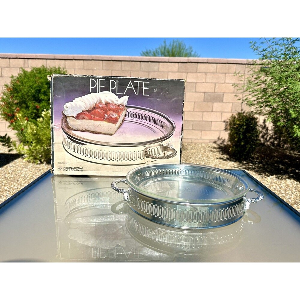International Silver Co Silver Plated Ring Pie Holder  Anchor Hocking Glass Dish